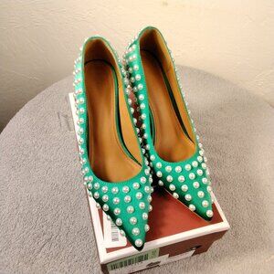 Iadore Women Sexy Stiletto Heels Pumps Pearl Studded Slip-on Shoes Satin Size 6
